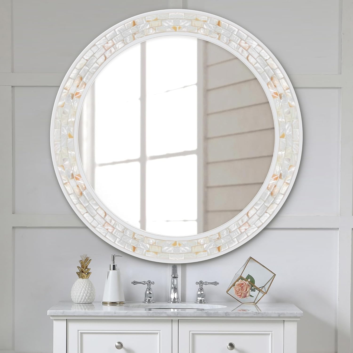 Tanmicoshomy 36 Inch Large Round Mirror, Natural Shell Inlay Framed Large Circle Mirrors with Shatterproof Glass for Bathroom Bedroom Living Room or Entryway (White)